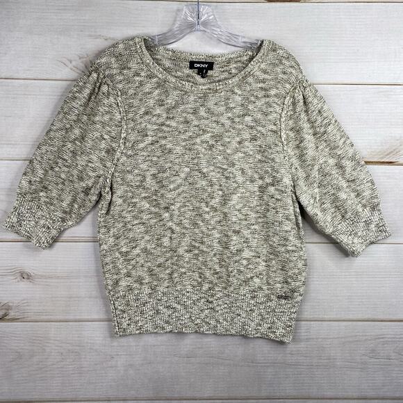 DKNY Sweater Top XL Green Heather Cable Knit 3/4 Sleeve Pullover Cotton Blend - Picture 1 of 11